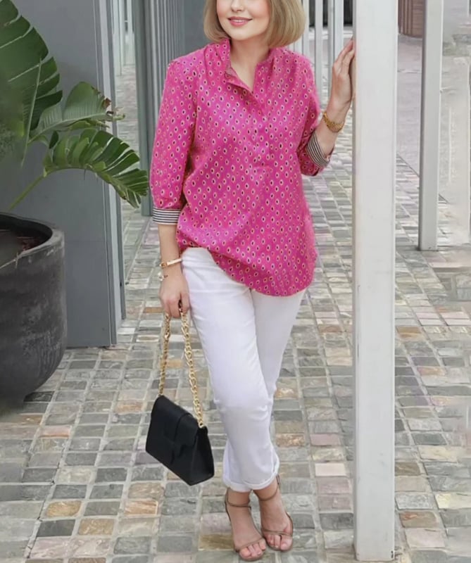 Naistele pikkade varrukatega särk sügise-talviseks hooajaks, lainete-punkti trükk, polo krae, 3/4 varrukad, keskmise pikkusega polüester