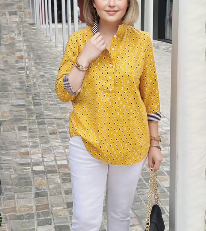 Naistele pikkade varrukatega särk sügise-talviseks hooajaks, lainete-punkti trükk, polo krae, 3/4 varrukad, keskmise pikkusega polüester