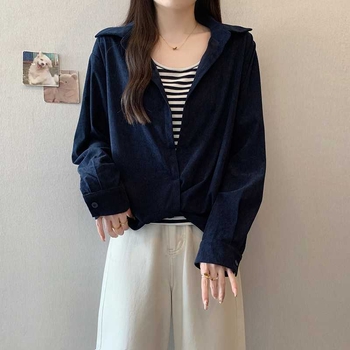 Set din două piese pentru femei: vestă dungată și top cu cămașă, guler polo, mâneci lungi, croială lejeră, poliester, toamnă 2025