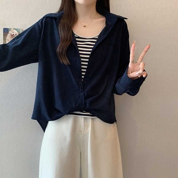 Set din două piese pentru femei: vestă dungată și top cu cămașă, guler polo, mâneci lungi, croială lejeră, poliester, toamnă 2025