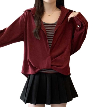 Set din două piese pentru femei: vestă dungată și top cu cămașă, guler polo, mâneci lungi, croială lejeră, poliester, toamnă 2025