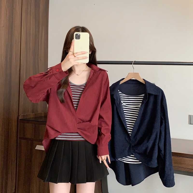 Set din două piese pentru femei: vestă dungată și top cu cămașă, guler polo, mâneci lungi, croială lejeră, poliester, toamnă 2025