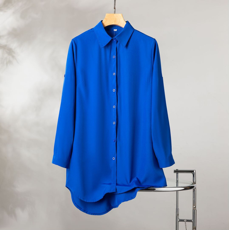 Cămașă de damă cu guler Lapel, mâneci lungi, croială lejeră, poliester, model solid, stil cardigan britanic