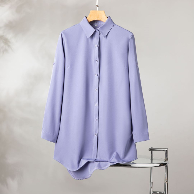 Cămașă de damă cu guler Lapel, mâneci lungi, croială lejeră, poliester, model solid, stil cardigan britanic