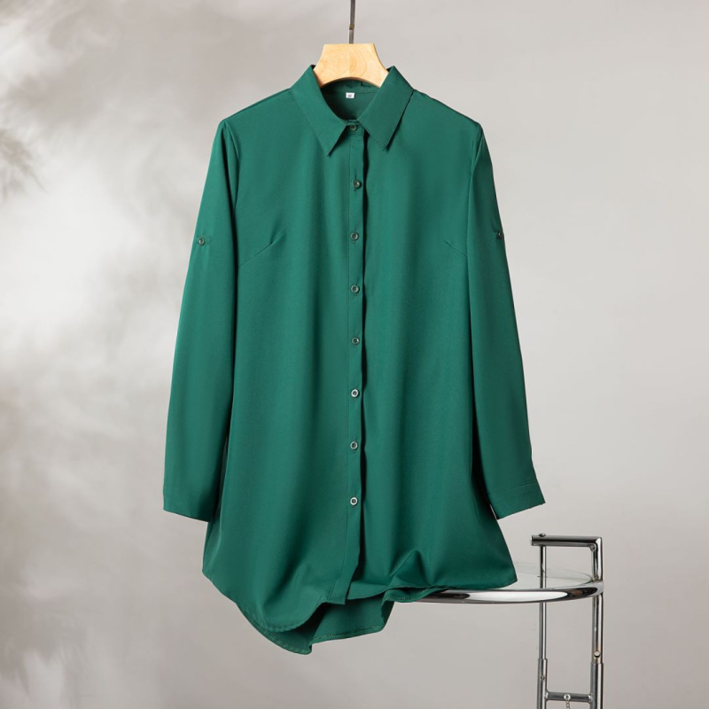 Cămașă de damă cu guler Lapel, mâneci lungi, croială lejeră, poliester, model solid, stil cardigan britanic