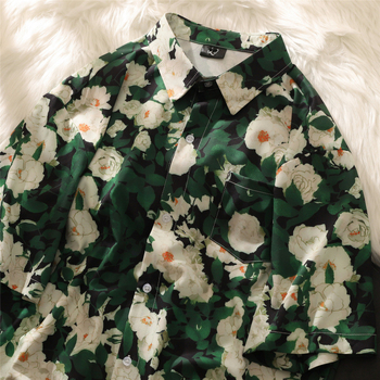 Cămașă cu imprimeu floral, stil japonez retro, croi lejer, mâneci scurte, poliester 96%.