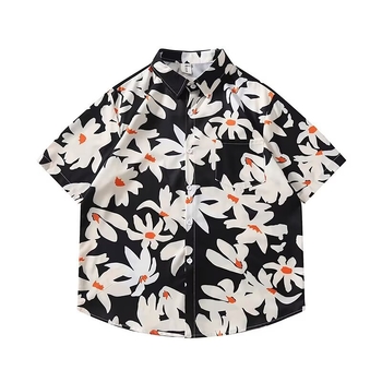 Cămașă cu imprimeu floral, stil japonez retro, croi lejer, mâneci scurte, poliester 96%.