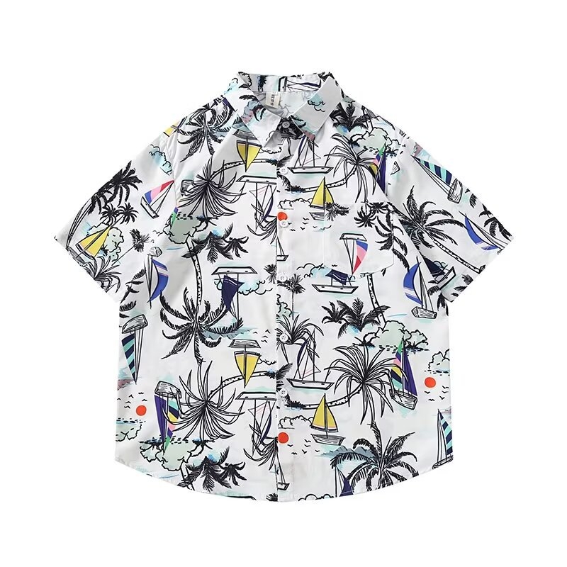 Cămașă cu imprimeu floral, stil japonez retro, croi lejer, mâneci scurte, poliester 96%.