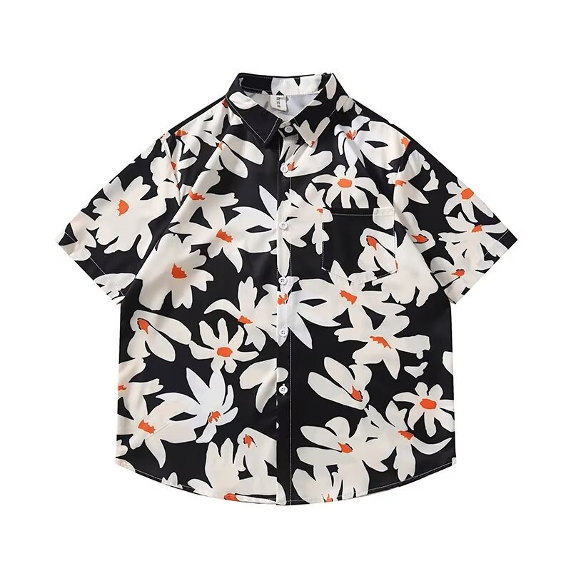 Cămașă cu imprimeu floral, stil japonez retro, croi lejer, mâneci scurte, poliester 96%.