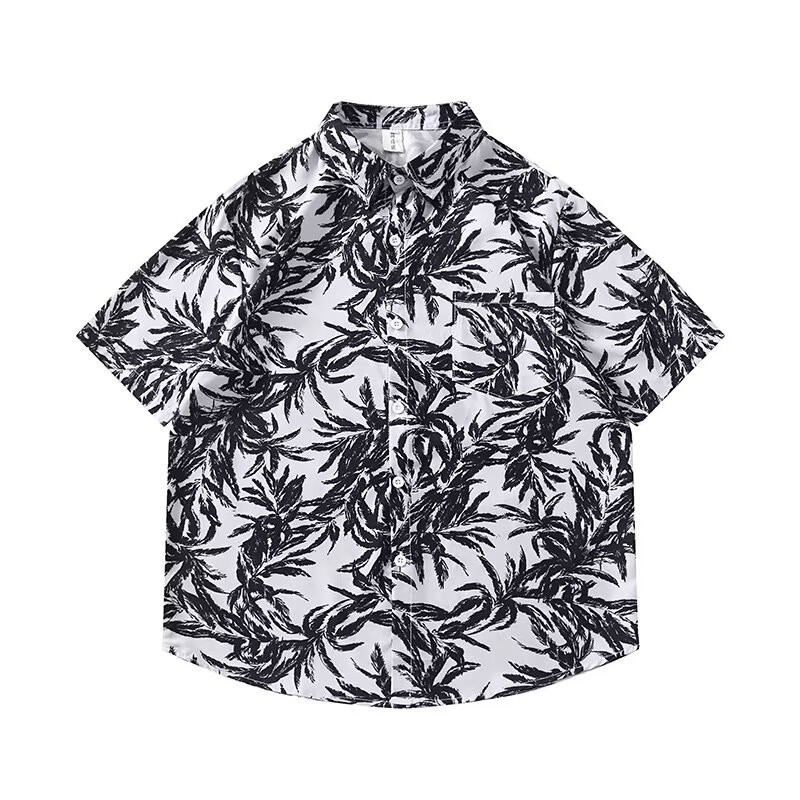 Cămașă cu imprimeu floral, stil japonez retro, croi lejer, mâneci scurte, poliester 96%.