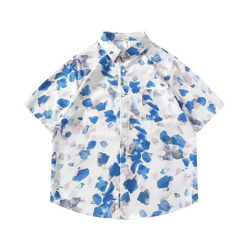 Cămașă cu imprimeu floral, stil japonez retro, croi lejer, mâneci scurte, poliester 96%.