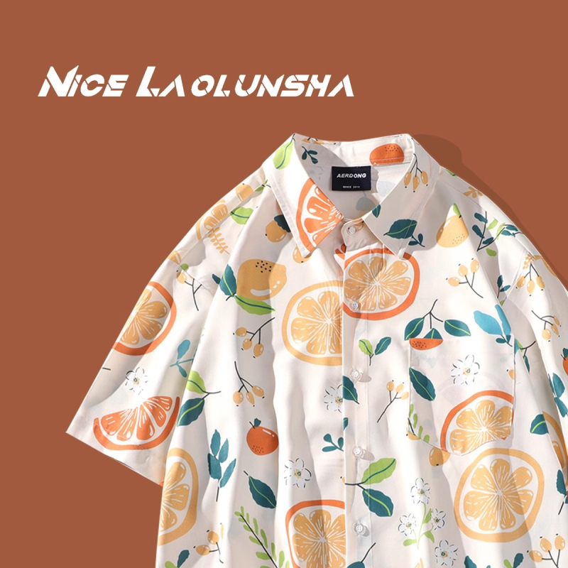 Cămașă cu imprimeu floral, stil japonez retro, croi lejer, mâneci scurte, poliester 96%.