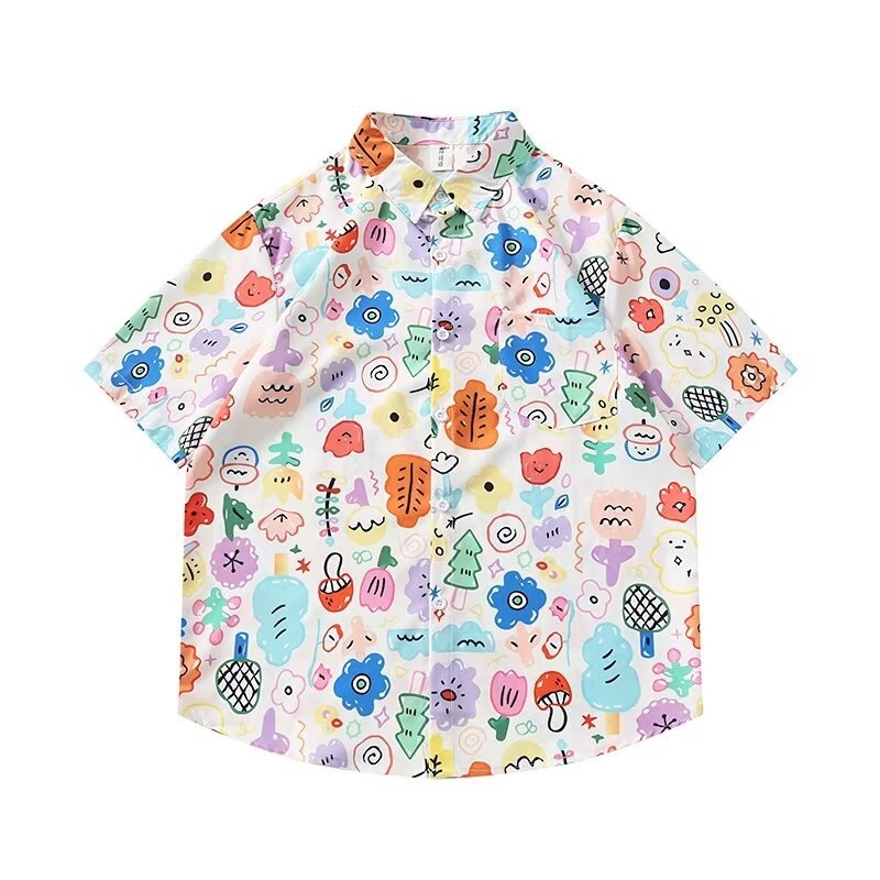 Cămașă cu imprimeu floral, stil japonez retro, croi lejer, mâneci scurte, poliester 96%.