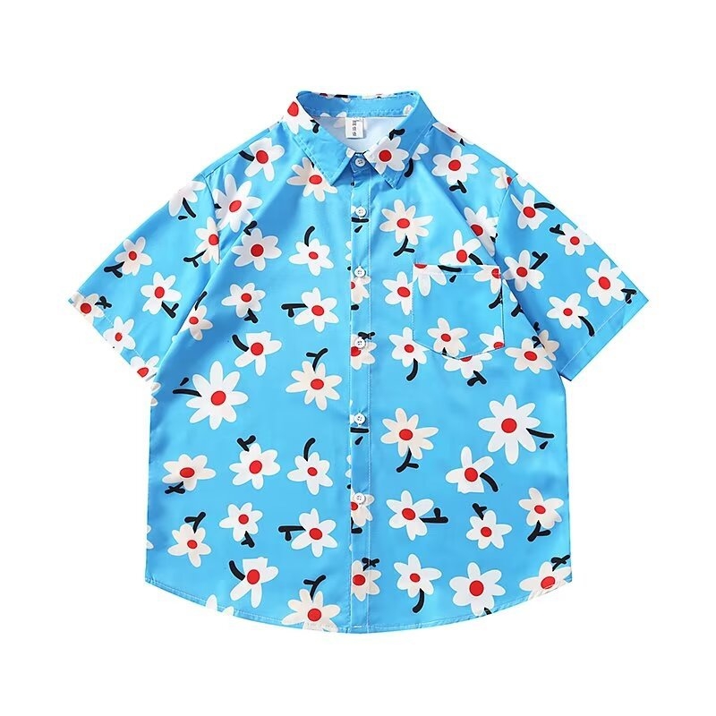 Cămașă cu imprimeu floral, stil japonez retro, croi lejer, mâneci scurte, poliester 96%.