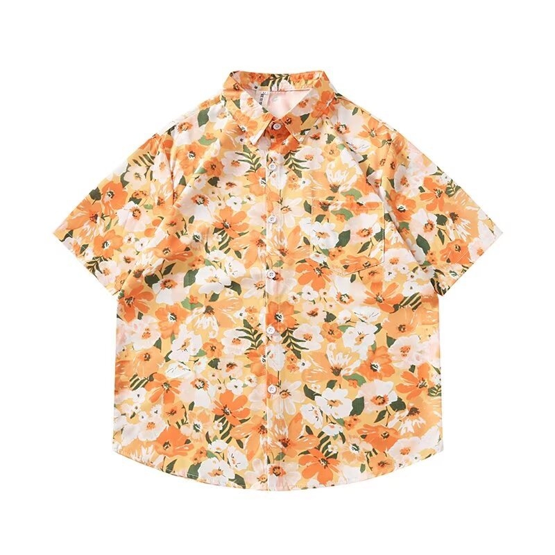 Cămașă cu imprimeu floral, stil japonez retro, croi lejer, mâneci scurte, poliester 96%.