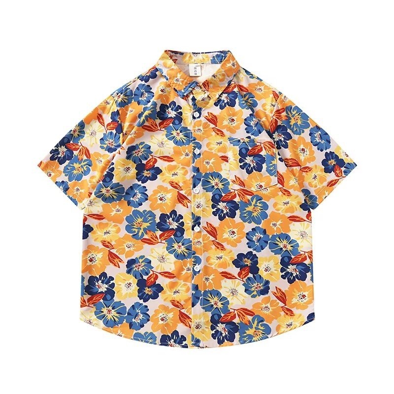 Cămașă cu imprimeu floral, stil japonez retro, croi lejer, mâneci scurte, poliester 96%.