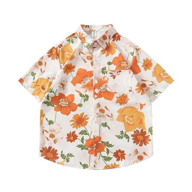 Cămașă cu imprimeu floral, stil japonez retro, croi lejer, mâneci scurte, poliester 96%.