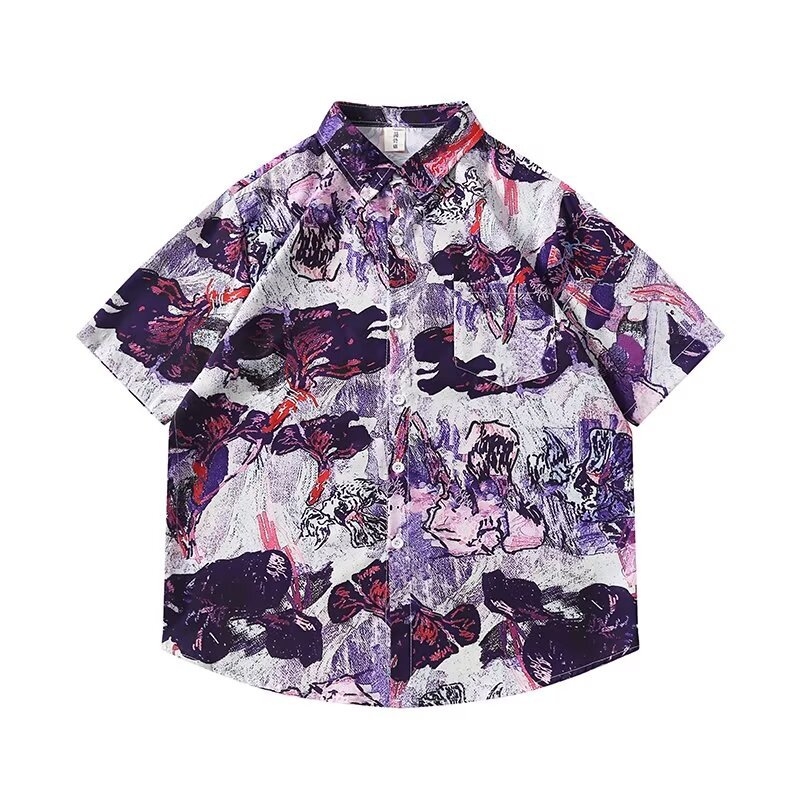 Cămașă cu imprimeu floral, stil japonez retro, croi lejer, mâneci scurte, poliester 96%.