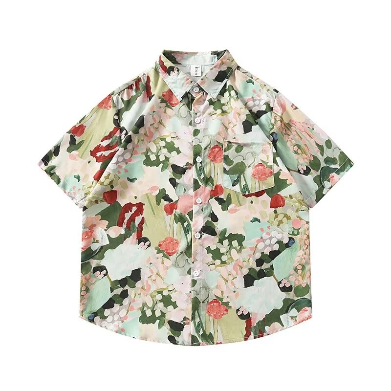 Cămașă cu imprimeu floral, stil japonez retro, croi lejer, mâneci scurte, poliester 96%.