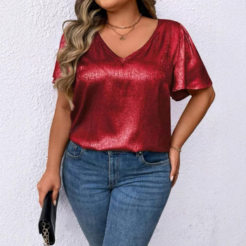 Tricou damă decolteu în V, mâneci scurte, catifea poliester, culoare uni