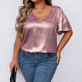 Tricou damă decolteu în V, mâneci scurte, catifea poliester, culoare uni