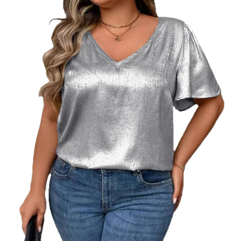 Tricou damă decolteu în V, mâneci scurte, catifea poliester, culoare uni