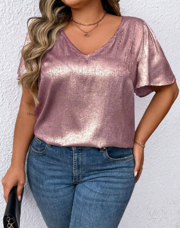 Tricou damă decolteu în V, mâneci scurte, catifea poliester, culoare uni