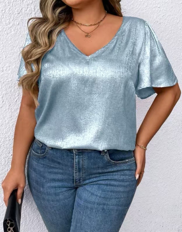 Tricou damă decolteu în V, mâneci scurte, catifea poliester, culoare uni