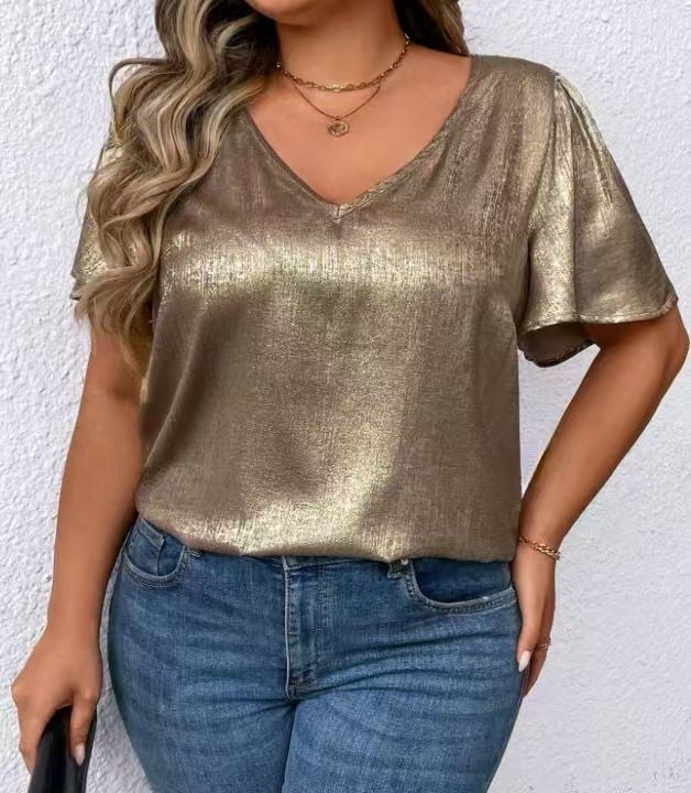 Tricou damă decolteu în V, mâneci scurte, catifea poliester, culoare uni