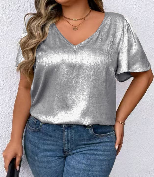 Tricou damă decolteu în V, mâneci scurte, catifea poliester, culoare uni