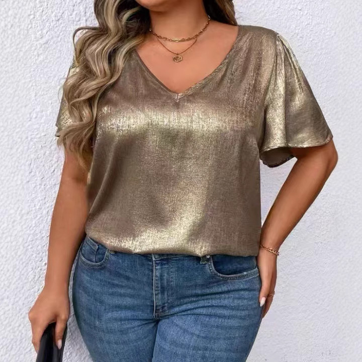 Tricou damă decolteu în V, mâneci scurte, catifea poliester, culoare uni