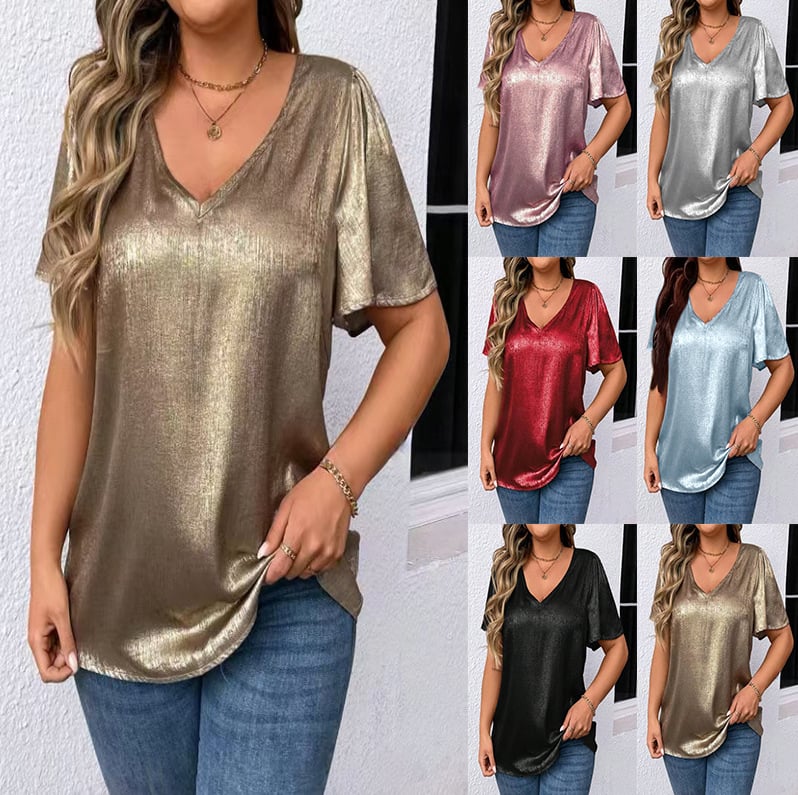 Tricou damă decolteu în V, mâneci scurte, catifea poliester, culoare uni