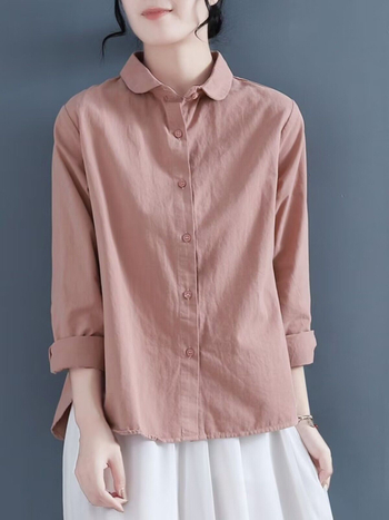 Cămașă din bumbac lejeră pentru femei, mâneci lungi, guler polo, stil vintage retro