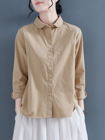 Cămașă din bumbac lejeră pentru femei, mâneci lungi, guler polo, stil vintage retro