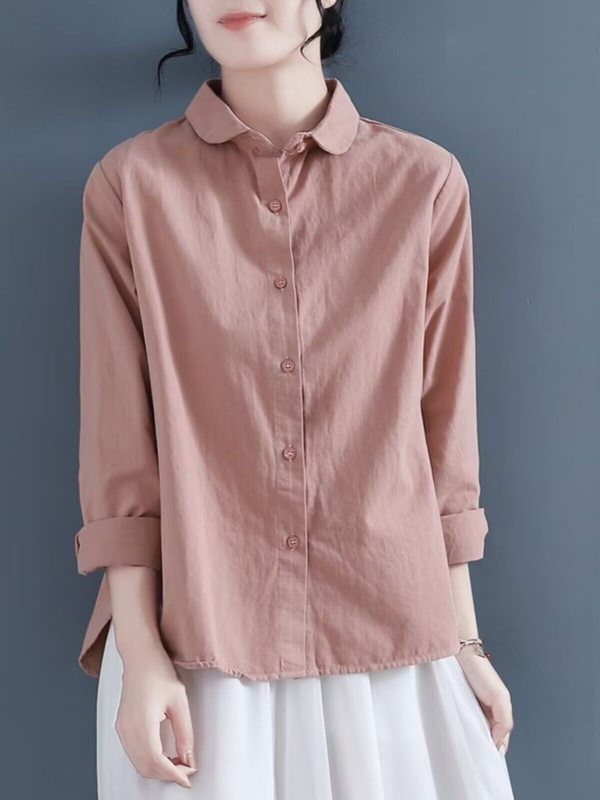 Cămașă din bumbac lejeră pentru femei, mâneci lungi, guler polo, stil vintage retro