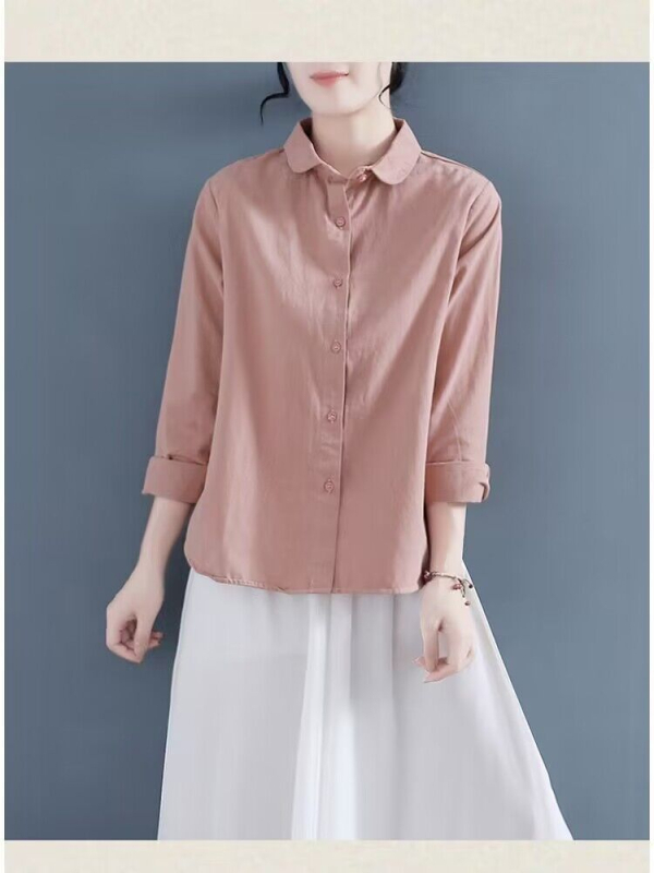 Cămașă din bumbac lejeră pentru femei, mâneci lungi, guler polo, stil vintage retro