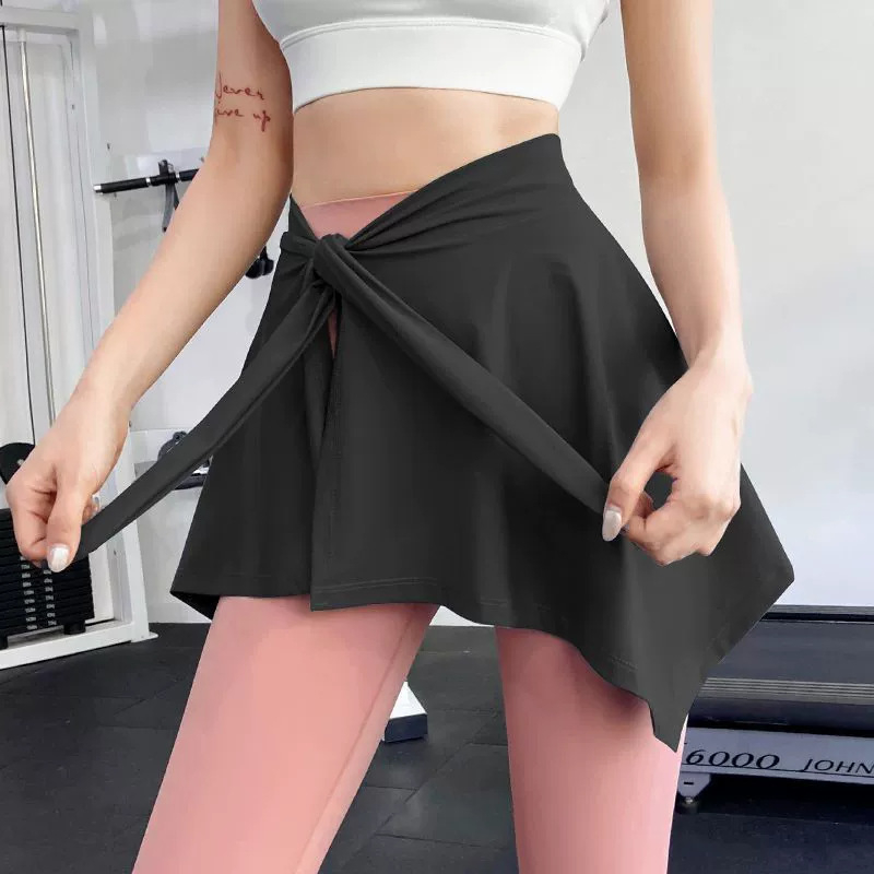 Joga suknja s pokrivanjem bokova i vezivanjem, nepravilan kroj, kratka duljina, jednofarbni uzorak, Ice Silk tkanina, sastav Spandex/Poliester, ljeto 2024