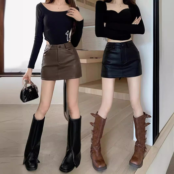 Fustă scurtă din PU, linie A, talie înaltă, imprimeu solid, amestec poliester/PU, primăvara 2025, stil urban