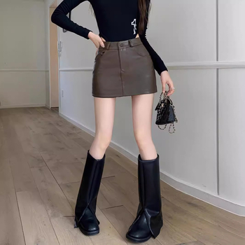 Fustă scurtă din PU, linie A, talie înaltă, imprimeu solid, amestec poliester/PU, primăvara 2025, stil urban