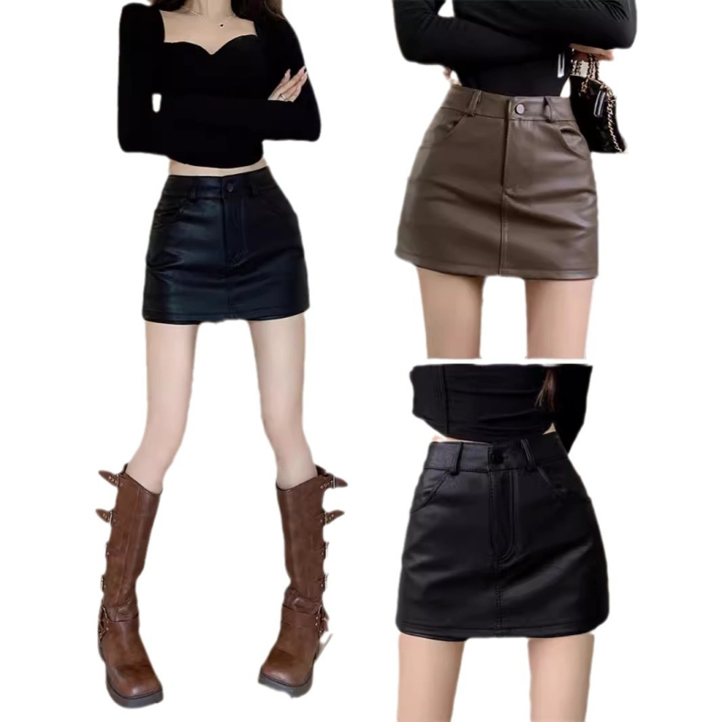 Fustă scurtă din PU, linie A, talie înaltă, imprimeu solid, amestec poliester/PU, primăvara 2025, stil urban