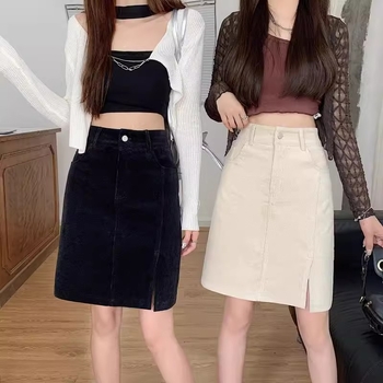 Fustă midi din corduroy, model 3D, țesătură micro-elastică, toamnă 2024