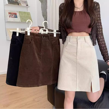 Fustă midi din corduroy, model 3D, țesătură micro-elastică, toamnă 2024