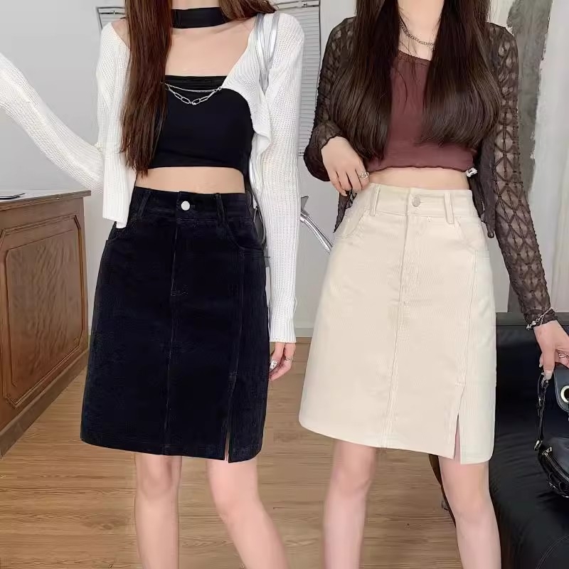 Fustă midi din corduroy, model 3D, țesătură micro-elastică, toamnă 2024