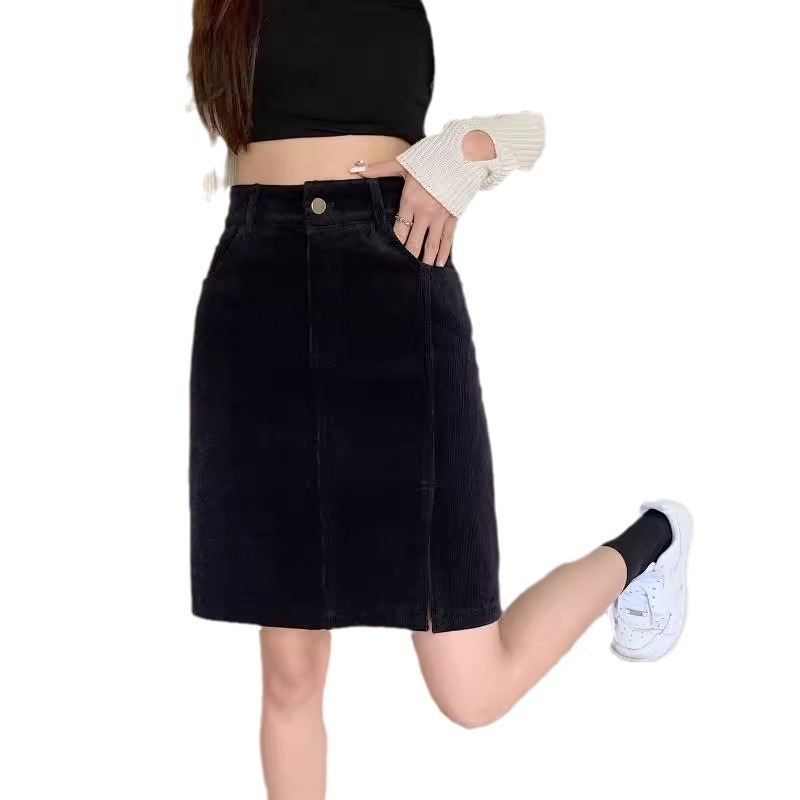 Fustă midi din corduroy, model 3D, țesătură micro-elastică, toamnă 2024