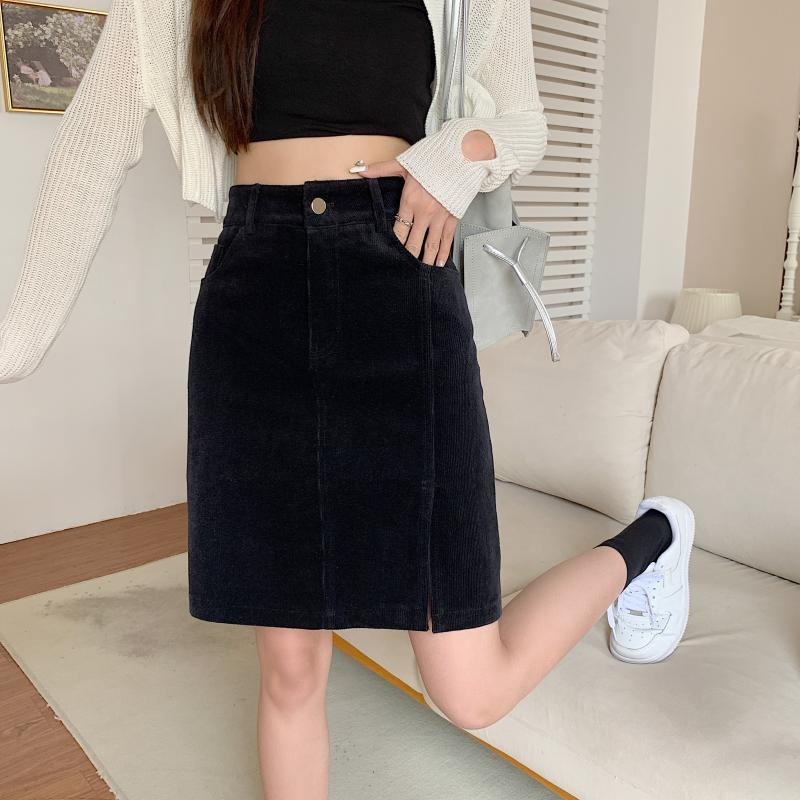 Fustă midi din corduroy, model 3D, țesătură micro-elastică, toamnă 2024