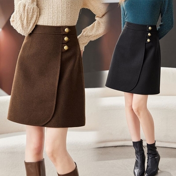 Fustă din lână, croială A-line, talie înaltă, culoare solidă, nasturi și fermoar, primăvară 2025