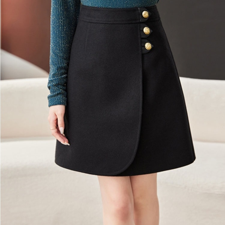 Fustă din lână, croială A-line, talie înaltă, culoare solidă, nasturi și fermoar, primăvară 2025