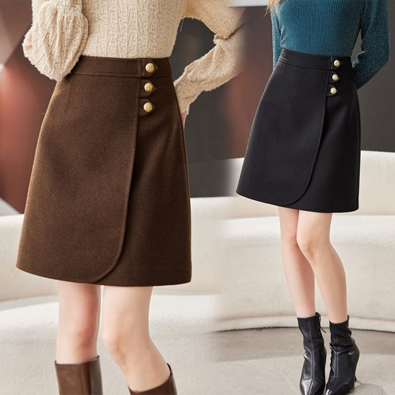 Fustă din lână, croială A-line, talie înaltă, culoare solidă, nasturi și fermoar, primăvară 2025
