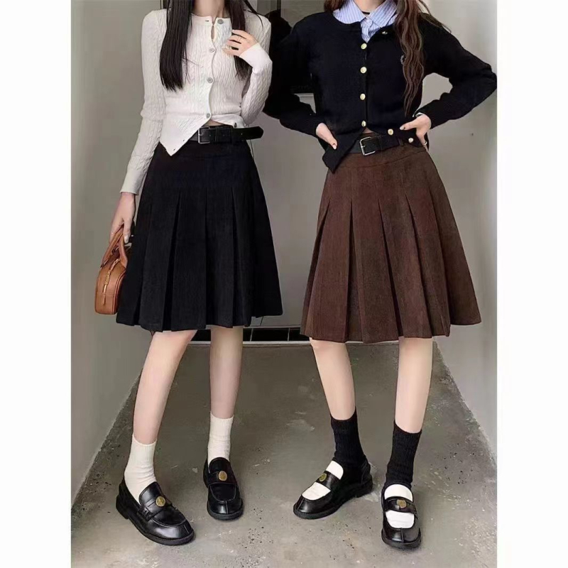 Fustă plisată, lungime medie, din amestec de bumbac, stil suroră regală, iarnă 2025