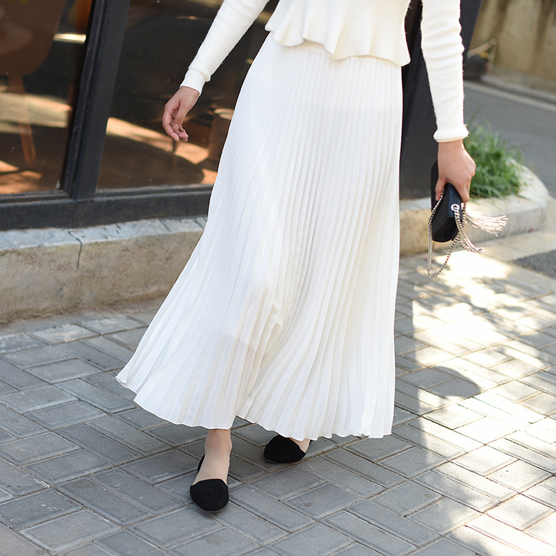 LACE GIRL plisirana duga suknja, jednobojna, poliester, visoki pojas, korejski stil, mikroelastična
